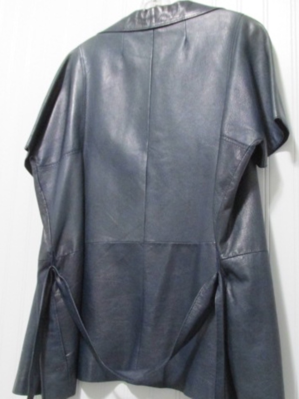 Pancaldi VTG Navy Open Front Belted Leather Jacket, Size XL - Picture 3 of 11